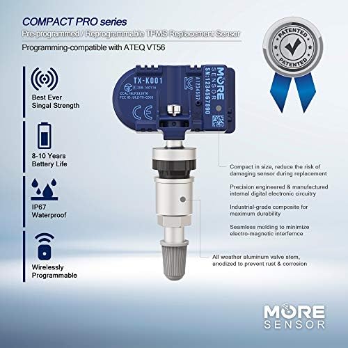 MoreSensor Compact Pro Série 433MHz TPMS Sensor de pressão de pneu 4-PACK | Pré -programado para mais de 850