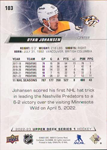 2022-23 Deck superior 103 Ryan Johansen Nashville Predators Series 1 NHL Hockey Trading Card