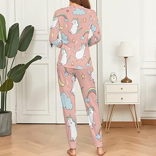 Unicórnios felizes no pijama feminino rosa define duas peças de manga longa para dormir com bolsos