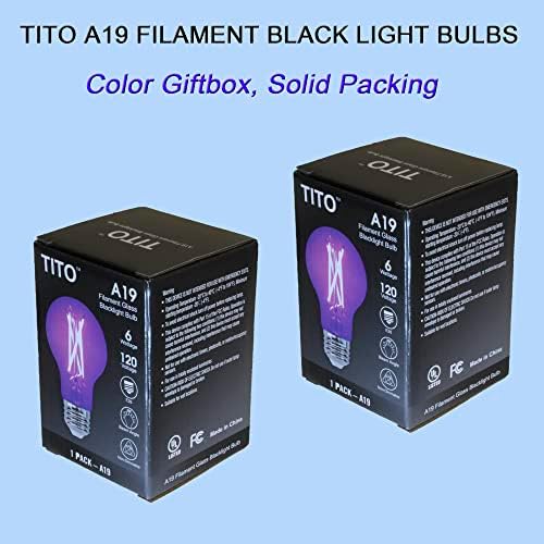 Tito 2 pacote A19 e26 filamento UV lâmpadas de lâmpadas pretas LED, UVA 385-400nm 6W Blacklight Bulb 100W equivalente,