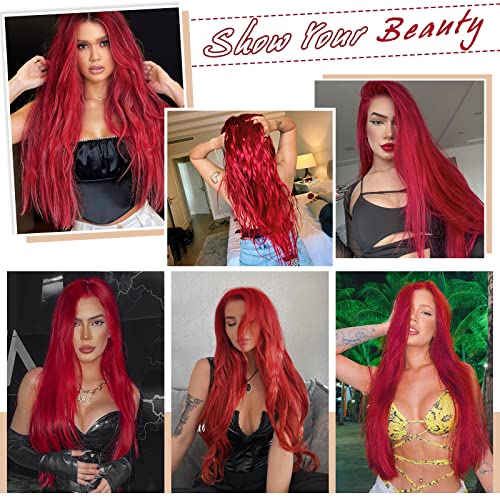 Perucas vermelhas favoritas para mulheres sereia ondas peruca sintética 28 polegadas Parte média