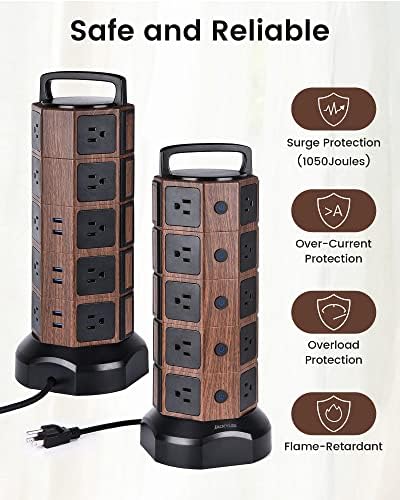 Power Strip Tower Surge Protector 1050J, jackylel 20 lojas de 6 portas USB, 3000W 13A de carregamento