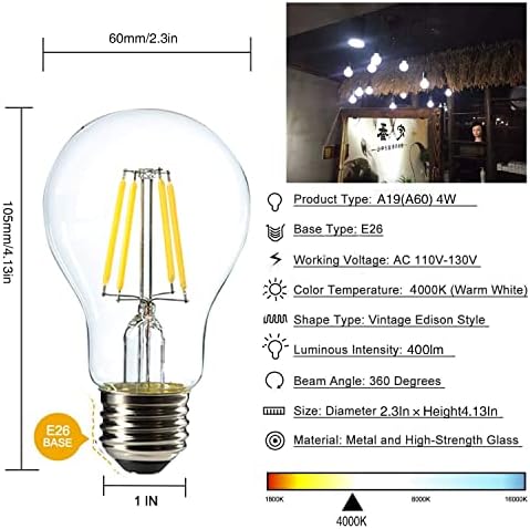 Lâmpada de filamento de LED vintage 4W 4000k de 4w, branca, lâmpadas LED Edison A19/A60, lâmpadas