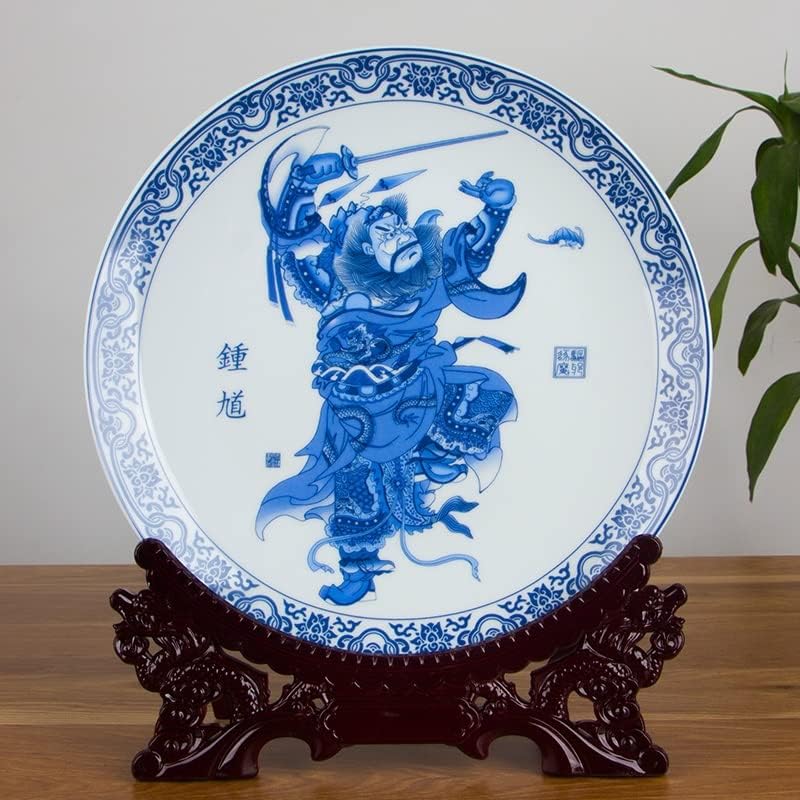 n/um estilo chinês de decoração azul e branca de porcelana Round Plate Wood Base Conjunto