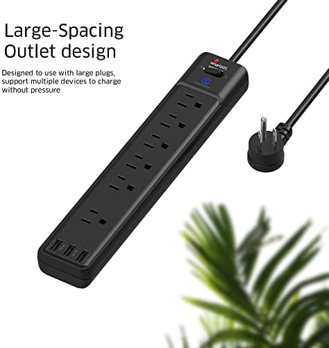 Smartbitt Surge Protector Power Strip - 6 pontos de venda e 3 portas USB -A, black - cabo de extensão de