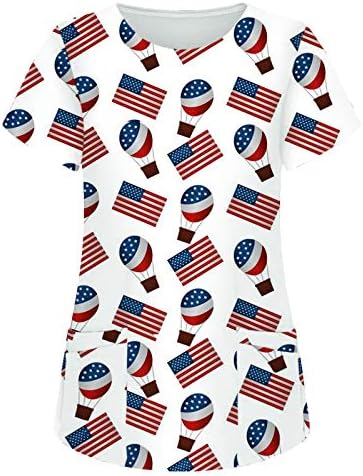 Blusa de 4 de julho para mulheres American Flag Summer Manga curta V camiseta de pescoço com 2 bolsos Bloups