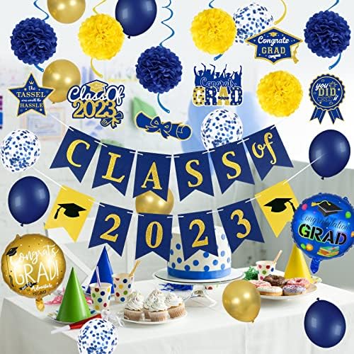 Classe azul e dourada das decorações de banner de graduação 2023, a turma de banner 2023 e os balões de graduação