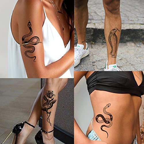 Tazimi Snake Tattoos temporários, 6 lençóis tatuagens de cobra preta para homens, decorações de