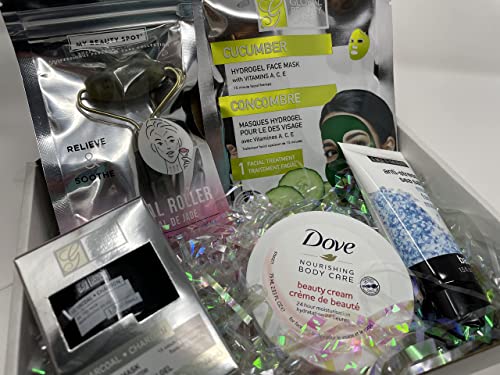 Caixa de presente de Spa Deluxe: Jade Facial Roller, máscara de lama anti-estresse, máscara facial a carvão