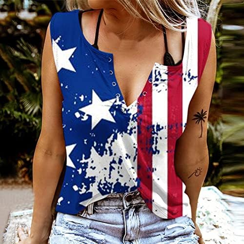 Camisa feminina bandeira patriótica star ring hole hole sem mangas / tanques de colarinho 4 de julho