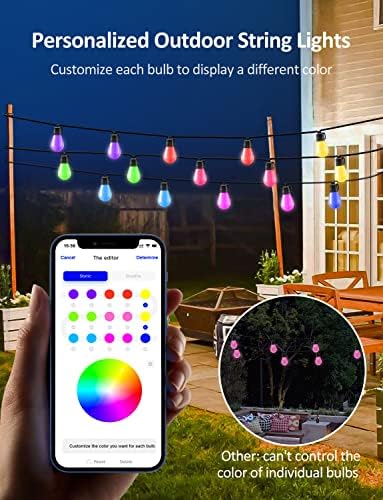 Luzes de cordas ao ar livre de Zuuko Light Smart, luzes de pátio RGB de 48 pés com 15 lâmpadas LED reguláveis,
