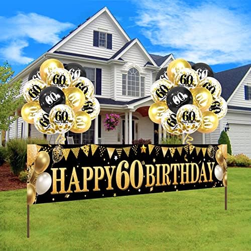 Balão de 60 anos Decorações de balões para homens Mulheres, ouro preto Feliz Balão de Balões de Gold