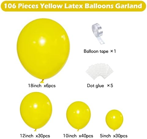 Balões amarelos Kit de guirlanda, 106 peças Balão amarelo 4 tamanhos diferentes 18 ''+12 ''+10 ''+5 '' Latex Balloon Arch para chá de bebê, aniversário, balões de festa temática de girassol