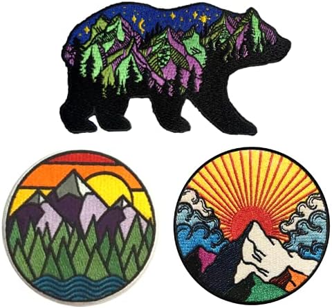 3pcs Mountain Adventure Bear Patches Set Patle - Colorido totalmente bordado legal - Ferro ON/Costura em patches