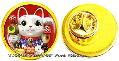 Broche de gato da sorte, Red Maneki Neko Art, Boa sorte Charm Cat Art, Maneki Neko Pin, M53