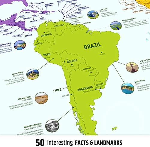 Mapa do mundo colorido com bandeiras e capitais + 50 fatos interessantes - XL Wall Art Poster para casa