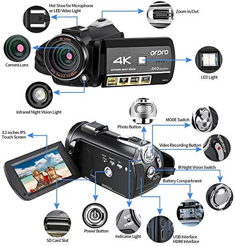 Câmera de vídeo de câmera 4K ORDRO AC3 UHD 1080p 60fps Câmera de vlog Ir Night Vision 3.1 IPS LCD WiFi