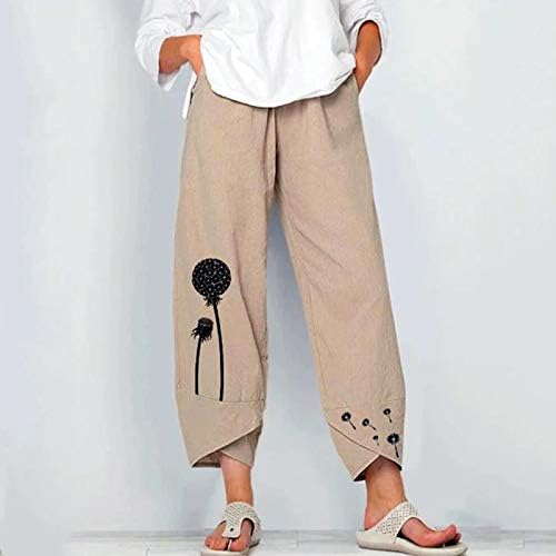 calça de perna larga de iopqo para mulheres linho de algodão cintura elástica de harém cortada