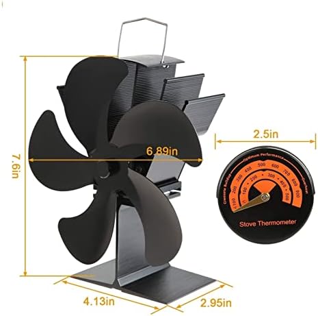 Uongfi 5-Blades Poot Powered Larerplace Stove Fan Circula Termômetro de ventilador de fogão a ar quente aquecido para fogões de madeira de madeira fã de calor