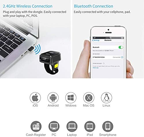 Anel portátil Bluetooth Barcode Scanner Wireless 2.4GHz & USB Wired 3 em 1 conexão Windows.mac os.android.Portável
