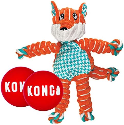 Kong Bloppy Knots Fox e 2 bolas de assinatura - brinquedos de cachorro resistentes e divertidos - bolas