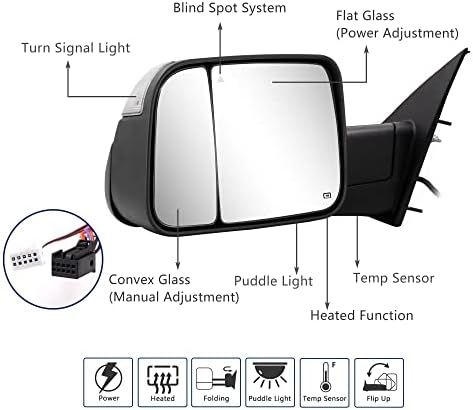 Espelho de reboque - compatível com a caminhonete 2019-2022 DODGE RAM 1500 com vidro ajustado de vidro