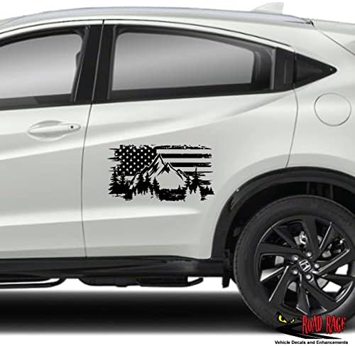 Bandeira americana com montanhas decalque de carro - decalques personalizados de peixes ruins - adesivo fofo engraçado para patriotas - vinil permanente de brilho premium