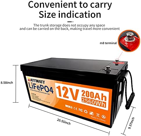 Bateria de lítio, Battwatt 12V 200AH Bateria de RV LifePO4 RV com BMS mais de 4000 ciclos mais seguros para