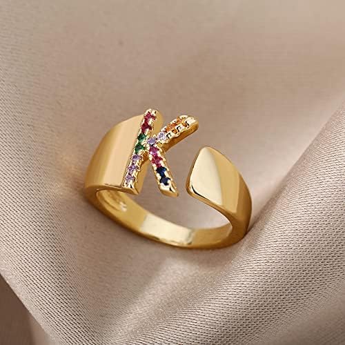 T3Store colorido de zircão inicial anéis para mulheres abrindo manchas de ouro ajustáveis ​​Anel de anel de aço de anel de jóias - D -37642