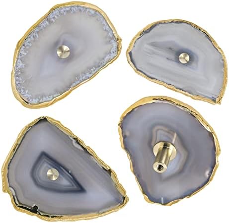 Conjunto Sunyik de 4 botões de gaveta da borda banhada a ouro, forma irregular de fatia de ágata com parafusos para gaveta de gaveta Decoração de guarda-roupa de armário, preto