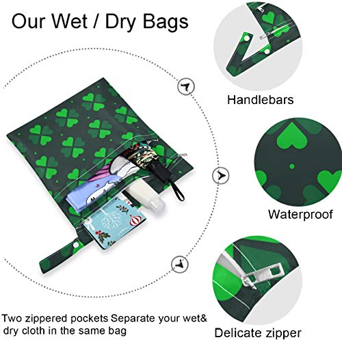 VISESUNNY Green Clover DOT PRIMA 2PCS SACO molhado com bolsos com zíper Lava -espaços reutilizáveis ​​para