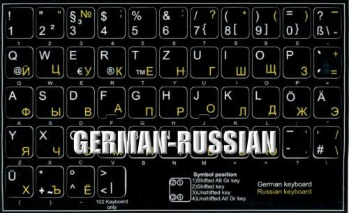 Rótulos de teclados russos alemães 4Keyboard no fundo preto não transparentes para desktop, laptop e caderno