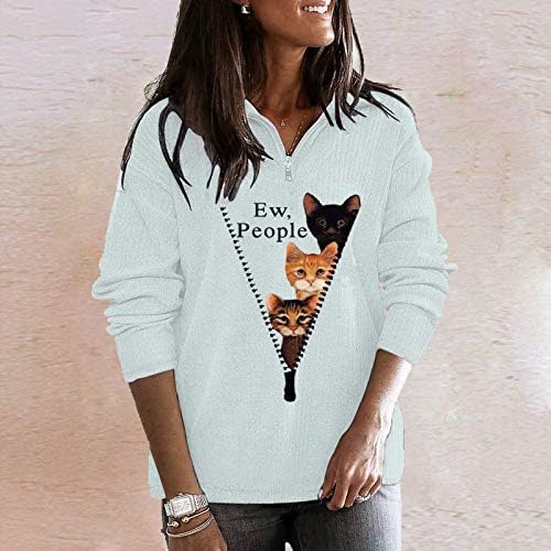 Yslmnor zíper tshirt feminino pullover de impressão de gato de gato em vescícios longos de manga longa