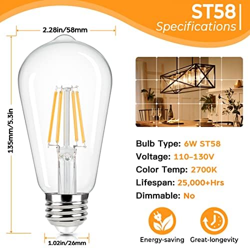 Brigando LED vintage LED Bulbos Edison 60W Equivalente, 6W St58 Branco branco 2700k LED antigo LED lâmpadas
