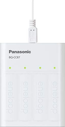 Panasonic K-KJ87MCA4BA Carregador de bateria individual com tecnologia de carregamento portátil e baterias recarregáveis ​​4AA ENELOOP, WHITE