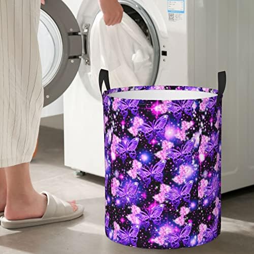 Purple Cute Butterfly Print Laundry Cesty, cesta de lavanderia circular à prova d'água com alça, adequada para lavanderia e quartos