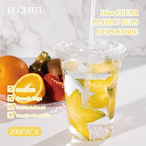 LCCFHTI 200 conjuntos de 16 onças de copos de plástico com tampas e canudos, copos de bebida descartáveis ​​para