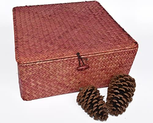 Cestas de palha de ticyack com o conjunto de tampa de 4, caixas quadradas festivas de tecido, para decoração de prateleira em casa