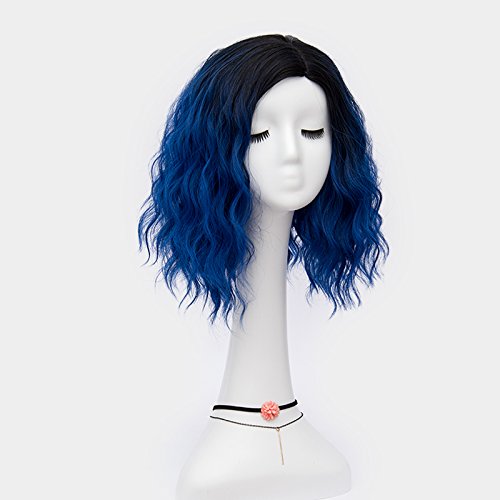 GooAction 13.8 ''/35cm Mulheres curtas Curly fofas raízes pretas ombre escuro azul escuro peruca lateral lateral