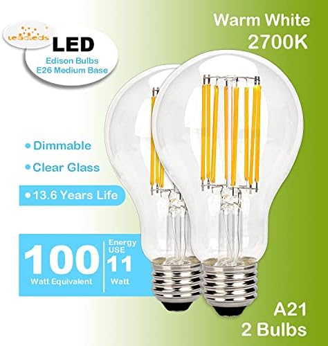 LED vintage Edison Bulb 100W equivalente 1500 lúmens, lâmpadas de filamento LED 11W A21 diminuem, iluminação de estilo antigo de 2700k branco, base de parafuso médio e26, pacote de 2