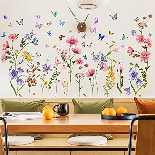 Adesivos coloridos de parede de flores com borboleta e abelha 88 pcs decalques de parede de flor removíveis