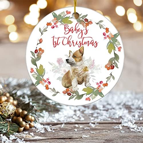 Garland de Natal de Berries de Holly Circular Ornamentos de cerâmica Corgi Cub do primeiro ornamento de Natal do bebê 2021 Ornamento de Natal Ornamento de Natal com corda para decoração de casa 3 polegadas