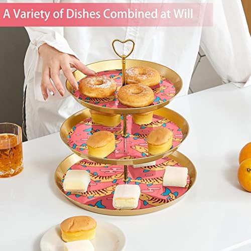 3 Placa de fruta de cupcakes de 3 camadas de sobremesa Plástico para servir suporte de exibição para casamento de aniversário Decorações de chá de chá de chá de bebê redondo, Muskie Peixes Padrão com fundo rosa