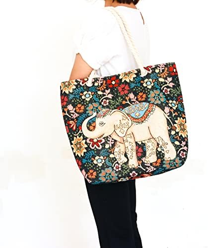 Sacola de lona de hodakjue para mulheres meninas, bolsa de compras com padrões de elefantes florais com