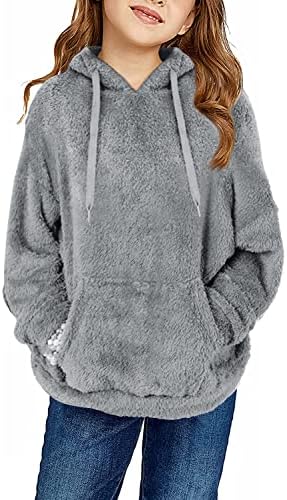 Haloumoning Girls Fuzzy Fuzzy Pullover Hoodies Sweatshirt Casual Loue Outwear Casal com bolsos 4-15 anos