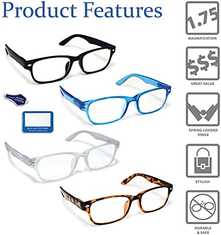 Aumente os óculos de leitura de bloqueio de luz azul óculos, 4 pacote, cores variadas