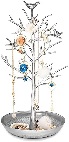 Inviktus Silver Birds Tree Jewelry Stand Exibir Brinco de colar de colar do organizador da torre-prata da torre-prata