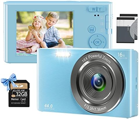 Câmera digital de Uikicon, FHD 4K 44MP Kids Video Camera com 32 GB de Card SD 16x Zoom digital, ponto compacto e câmera portátil portátil Câmera pequena para adolescentes alunos meninos meninas-luzes azul azul