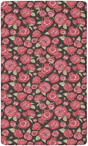 Folhas de mini berço com temas de rosa vintage, lençóis portáteis de mini berços de berço macio de colchão