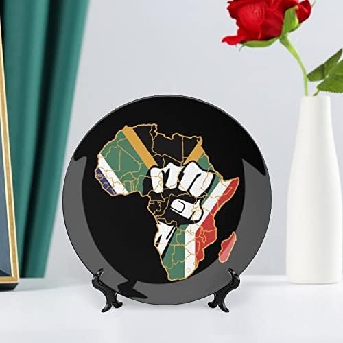 Black Power Africa Fist Map Bone China Decorativa Placas redondas Crafas de cerâmica com exibição Stand para Decoração de jantar de parede de escritório em casa